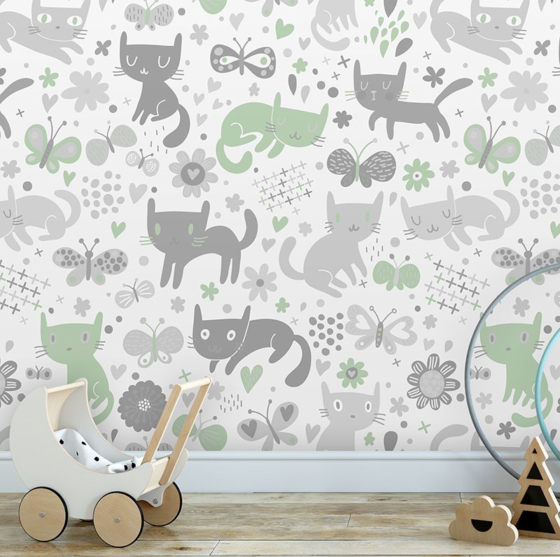 Kedi Desenli Çocuk Odası Duvar Kağıdı