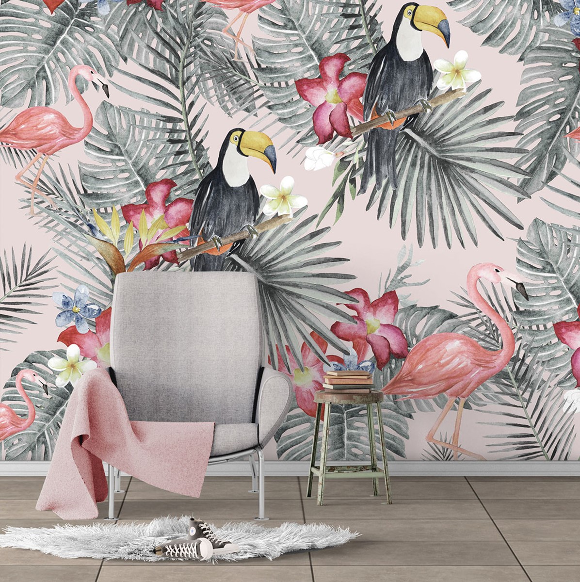 Flamingo Papağan - Duvar Kağıdı